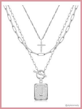 14K Gold Plated Brass Layered Initial Cross Choker Necklace Set